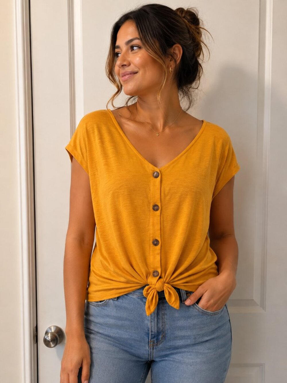 ☀️ Laura V-Neck Short-Sleeve Button-Front Tie Hem Tee in Mustard